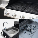 Churrasqueira a gás com 4 queimadores + 1 queimador lateral, cozinha externa com pia e capa
